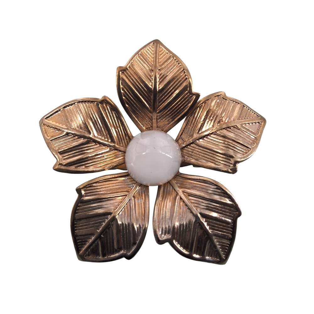 Vintage Gold Tone Textured‎ Flower Brooch Faux Pearl Center